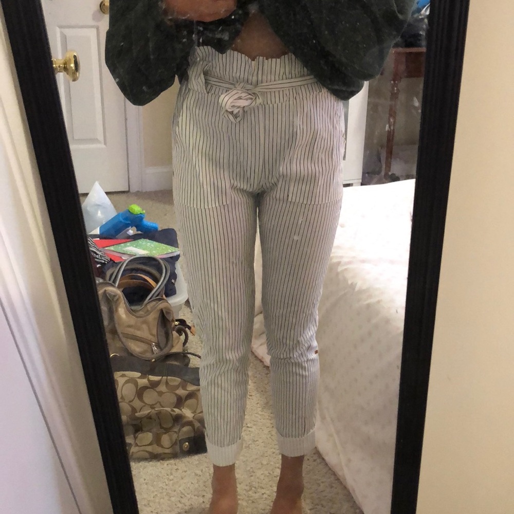 Striped paper bag box work pants with bow tie